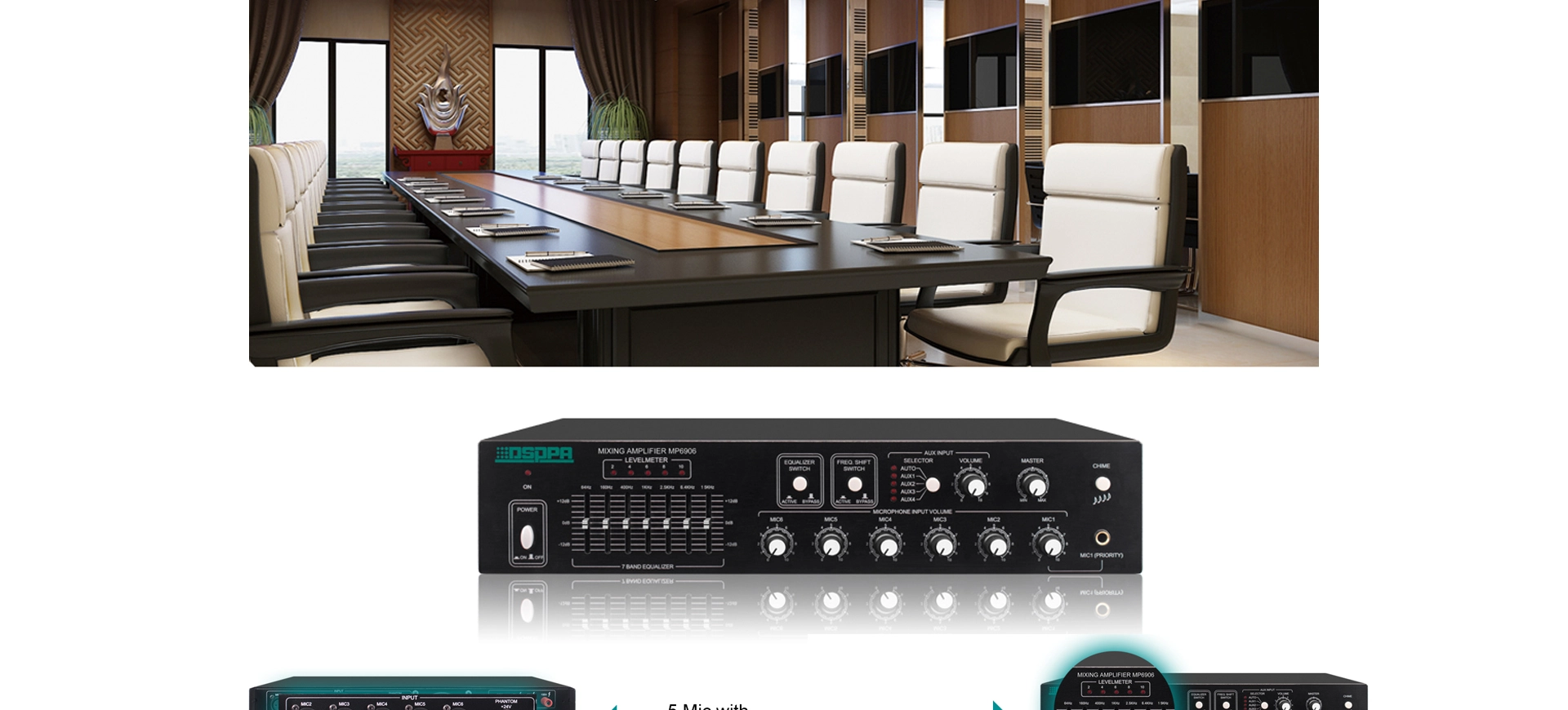 Amplificatore Mixer per conferenze con 6 ingressi Mic e controllo EQ (120W)