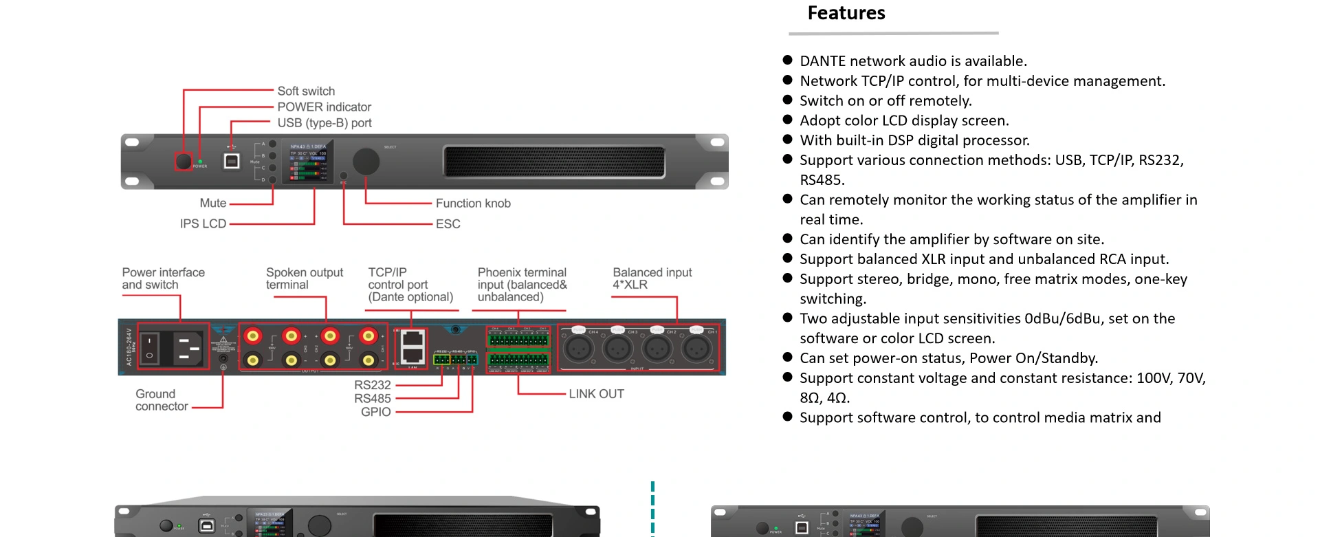 Amplificatore digitale di rete IP con DSP e Dante